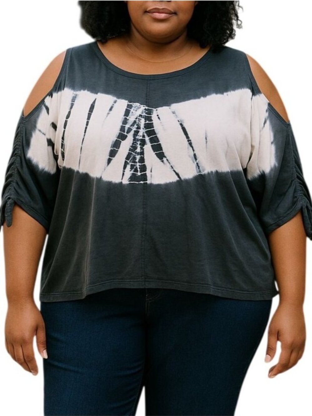Pinkish Plus Size 2X Tie-Dye Top Black & White Boho Loose-Fit Wide Sleeves